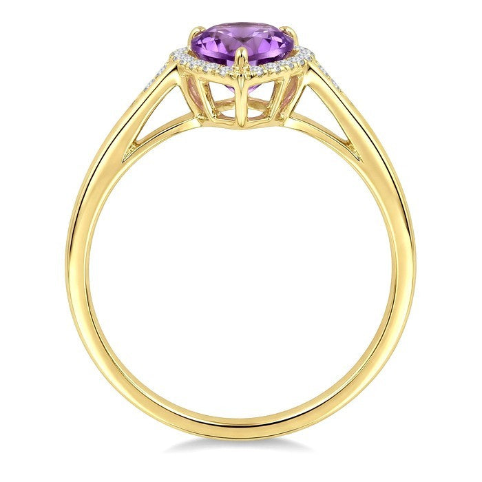 16X6 MM Evoque Gemstones Pear Shape Amethyst and 1/6 Ctw Round Cut Diamond Semi-Precious Ring in 10K Yellow Gold