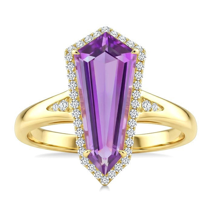 16X7 MM Evoque Gemstones Shield Shape Amethyst and 1/6 Ctw Round Cut Diamond Semi-Precious Ring in 10K Yellow Gold