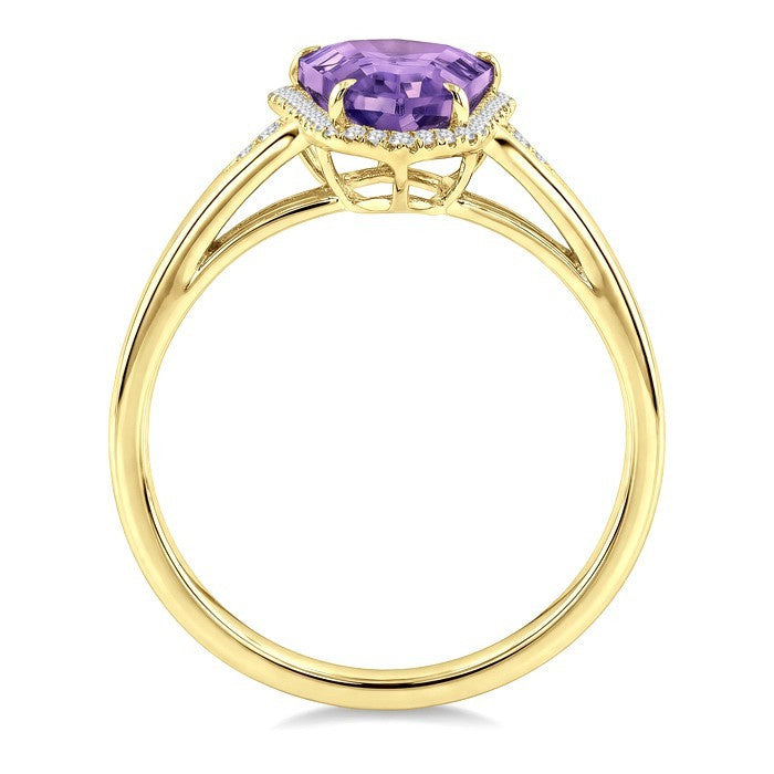 16X7 MM Evoque Gemstones Shield Shape Amethyst and 1/6 Ctw Round Cut Diamond Semi-Precious Ring in 10K Yellow Gold