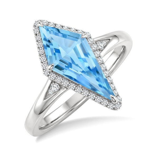 16X7 MM Evoque Gemstones Kite Shape Blue Topaz and 1/6 Ctw Round Cut Diamond Semi-Precious Ring in 10K White Gold