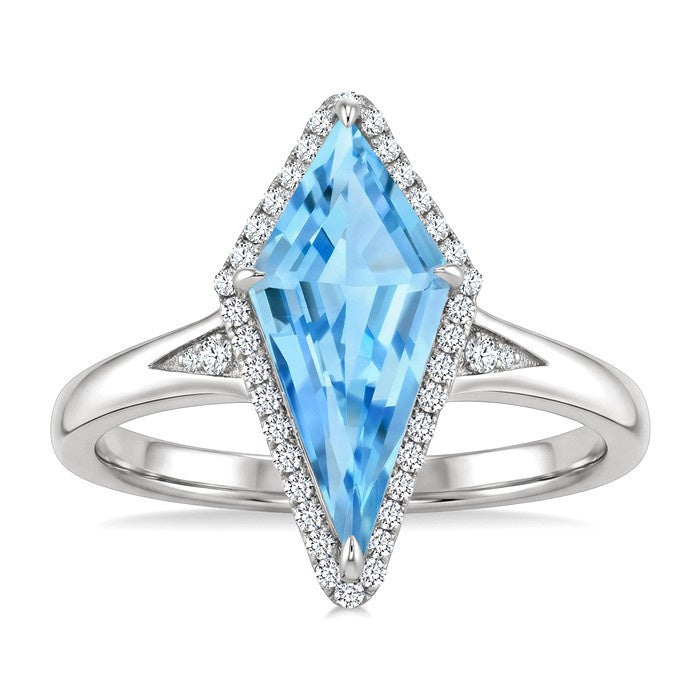 16X7 MM Evoque Gemstones Kite Shape Blue Topaz and 1/6 Ctw Round Cut Diamond Semi-Precious Ring in 10K White Gold