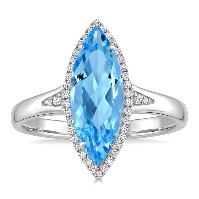 16X7 MM Evoque Gemstones Marquise Shape Blue Topaz and 1/6 Ctw Round Cut Diamond Semi-Precious Ring in 10K White Gold