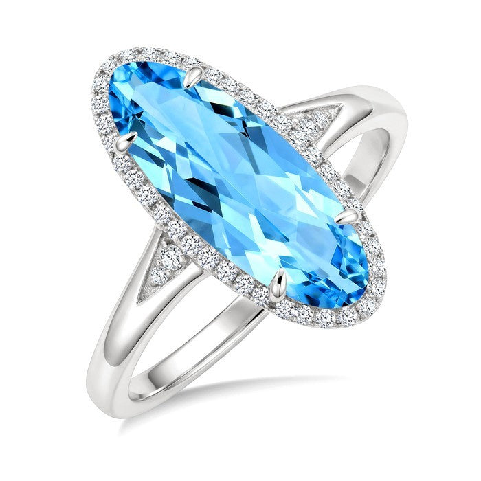 16X6 MM Evoque Gemstones Oval Shape Blue Topaz and 1/6 Ctw Round Cut Diamond Semi-Precious Ring in 10K White Gold