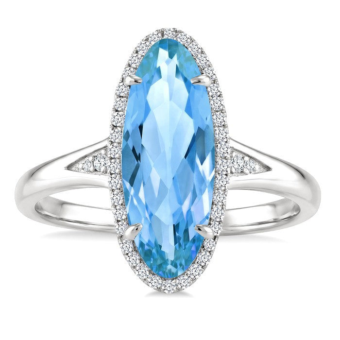 16X6 MM Evoque Gemstones Oval Shape Blue Topaz and 1/6 Ctw Round Cut Diamond Semi-Precious Ring in 10K White Gold