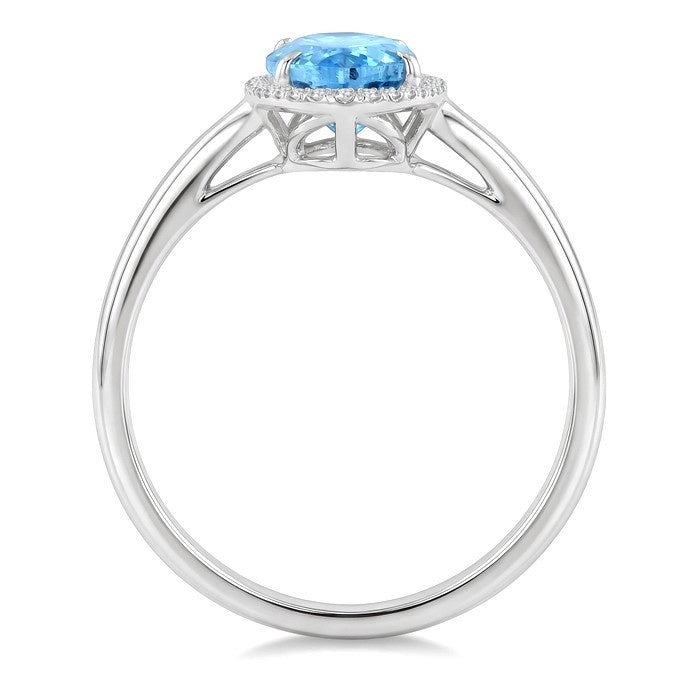 16X6 MM Evoque Gemstones Oval Shape Blue Topaz and 1/6 Ctw Round Cut Diamond Semi-Precious Ring in 10K White Gold
