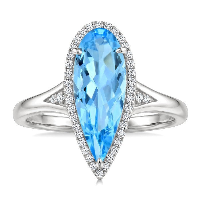 16X6 MM Evoque Gemstones Pear Shape Blue Topaz and 1/6 Ctw Round Cut Diamond Semi-Precious Ring in 10K White Gold