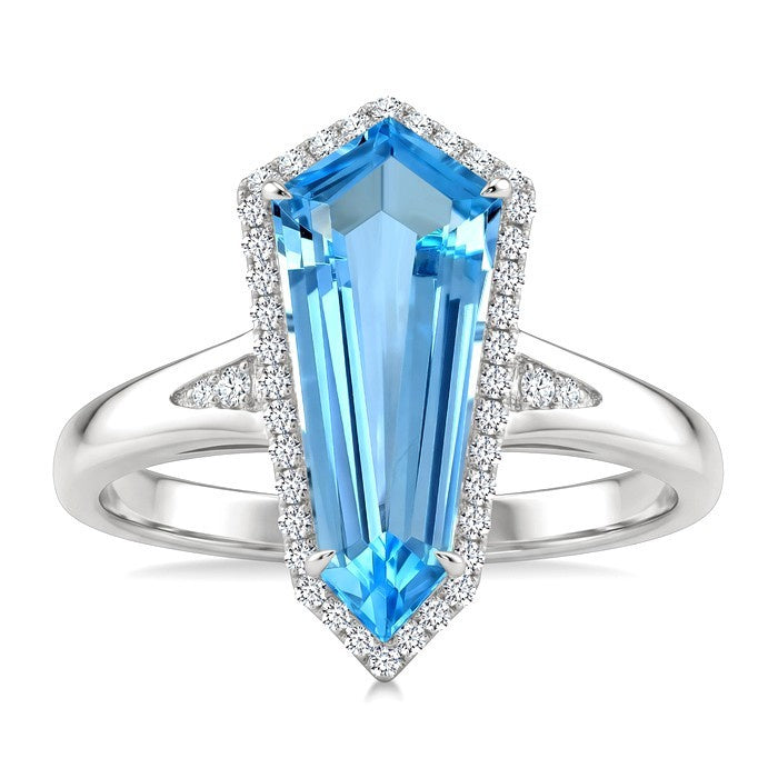 16X7 MM Evoque Gemstones Shield Shape Blue Topaz and 1/6 Ctw Round Cut Diamond Semi-Precious Ring in 10K White Gold