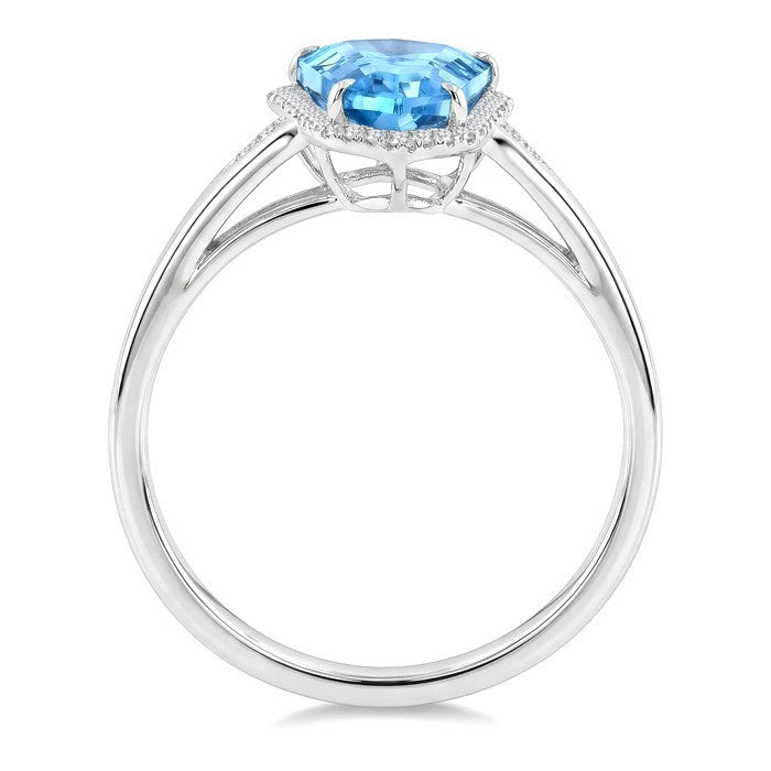 16X7 MM Evoque Gemstones Shield Shape Blue Topaz and 1/6 Ctw Round Cut Diamond Semi-Precious Ring in 10K White Gold