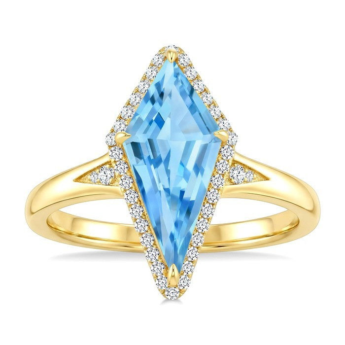 16X7 MM Evoque Gemstones Kite Shape Blue Topaz and 1/6 Ctw Round Cut Diamond Semi-Precious Ring in 10K Yellow Gold