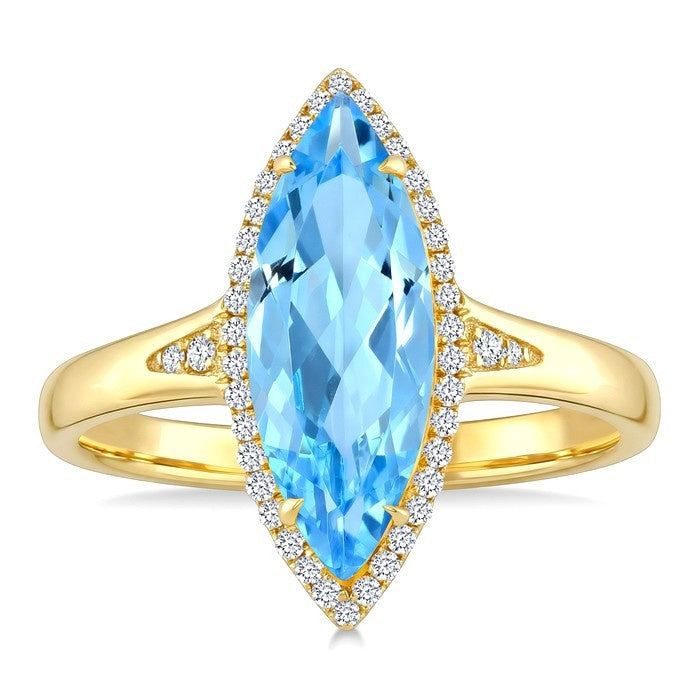 16X7 MM Evoque Gemstones Marquise Shape Blue Topaz and 1/6 Ctw Round Cut Diamond Semi-Precious Ring in 10K Yellow Gold