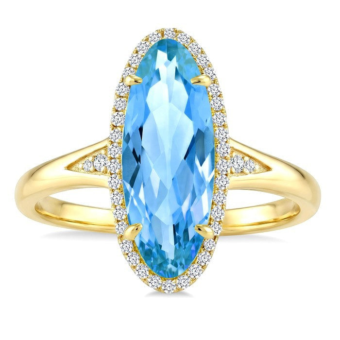 16X6 MM Evoque Gemstones Oval Shape Blue Topaz and 1/6 Ctw Round Cut Diamond Semi-Precious Ring in 10K Yellow Gold