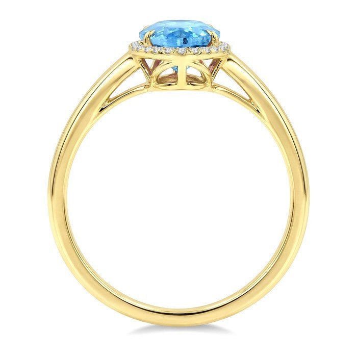 16X6 MM Evoque Gemstones Oval Shape Blue Topaz and 1/6 Ctw Round Cut Diamond Semi-Precious Ring in 10K Yellow Gold
