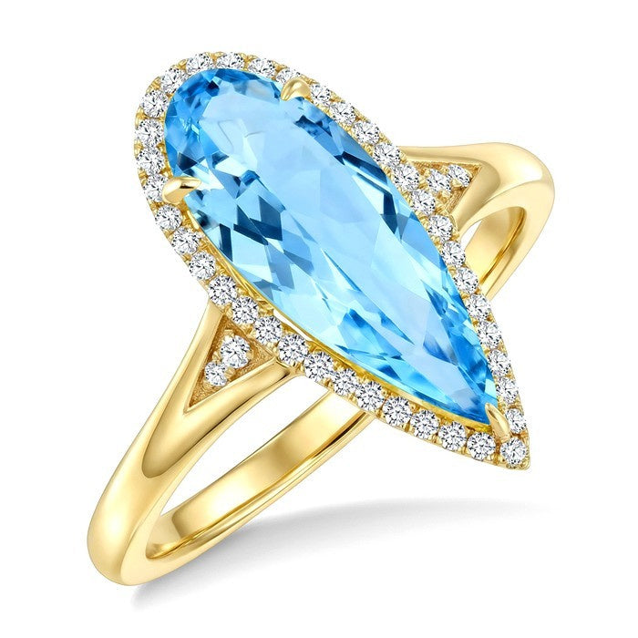 16X6 MM Evoque Gemstones Pear Shape Blue Topaz and 1/6 Ctw Round Cut Diamond Semi-Precious Ring in 10K Yellow Gold