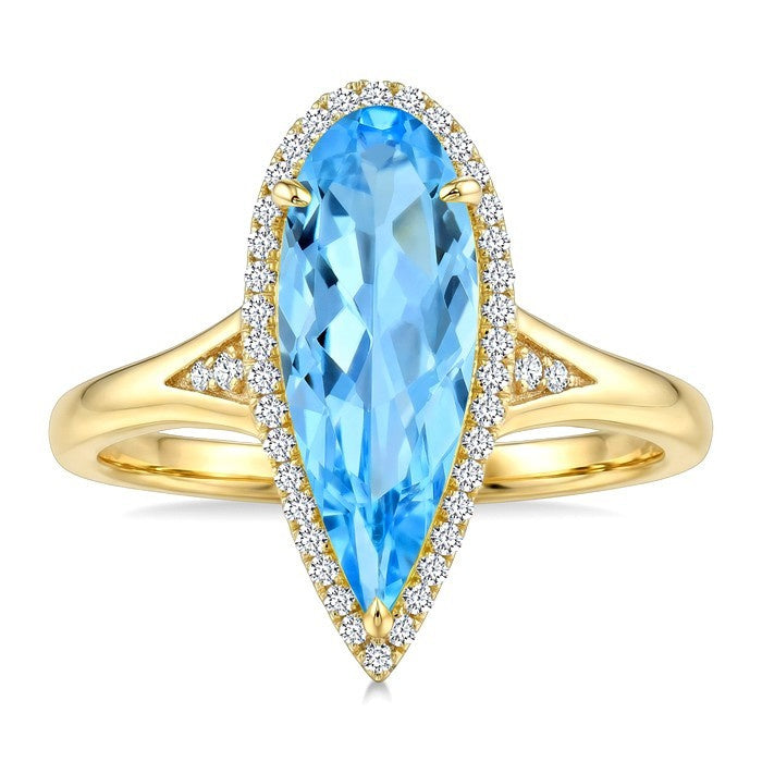 16X6 MM Evoque Gemstones Pear Shape Blue Topaz and 1/6 Ctw Round Cut Diamond Semi-Precious Ring in 10K Yellow Gold
