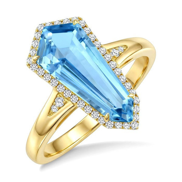 16X7 MM Evoque Gemstones Shield Shape Blue Topaz and 1/6 Ctw Round Cut Diamond Semi-Precious Ring in 10K Yellow Gold
