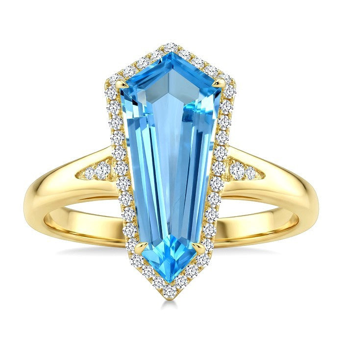 16X7 MM Evoque Gemstones Shield Shape Blue Topaz and 1/6 Ctw Round Cut Diamond Semi-Precious Ring in 10K Yellow Gold