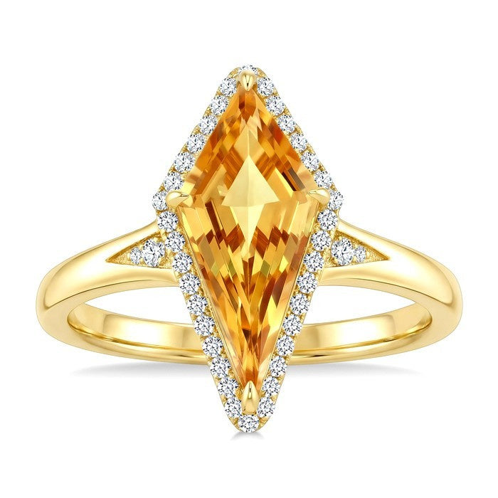 16X7 MM Evoque Gemstone Kite Shape Citrine and 1/6 Ctw Round Cut Diamond Semi-Precious Ring in 10K Yellow Gold