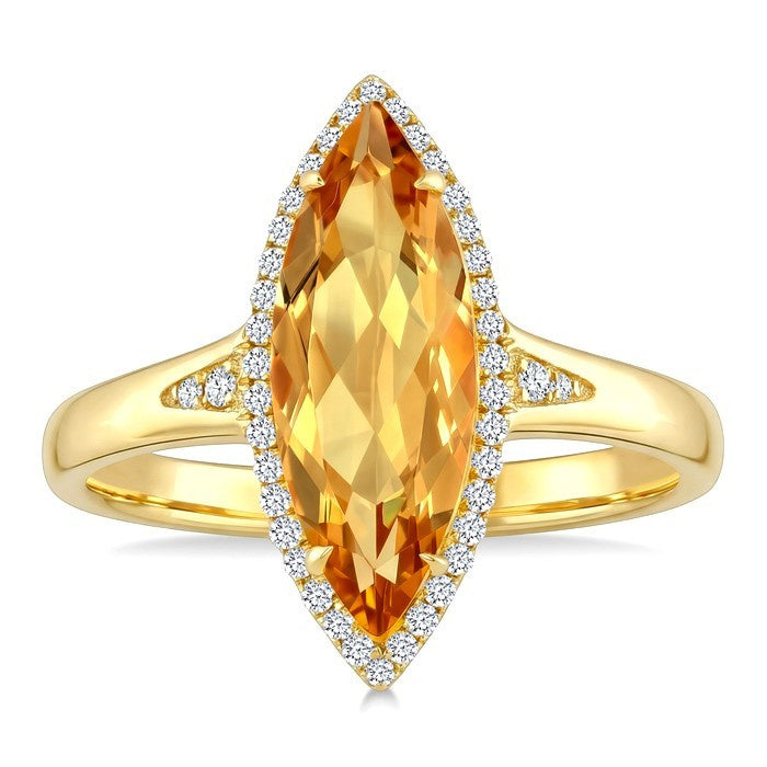 16X7 MM Evoque Gemstone Marquise Shape Citrine and 1/6 Ctw Round Cut Diamond Semi-Precious Ring in 10K Yellow Gold