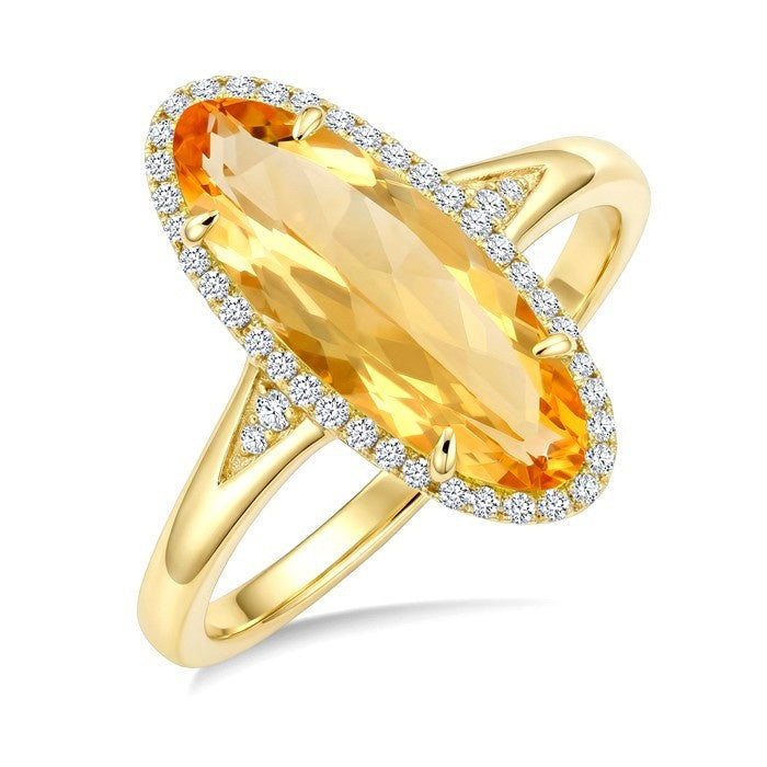 16X6 MM Evoque Gemstone Oval Shape Citrine and 1/6 Ctw Round Cut Diamond Semi-Precious Ring in 10K Yellow Gold