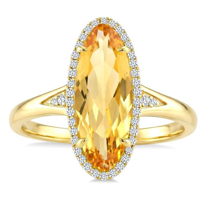 16X6 MM Evoque Gemstone Oval Shape Citrine and 1/6 Ctw Round Cut Diamond Semi-Precious Ring in 10K Yellow Gold