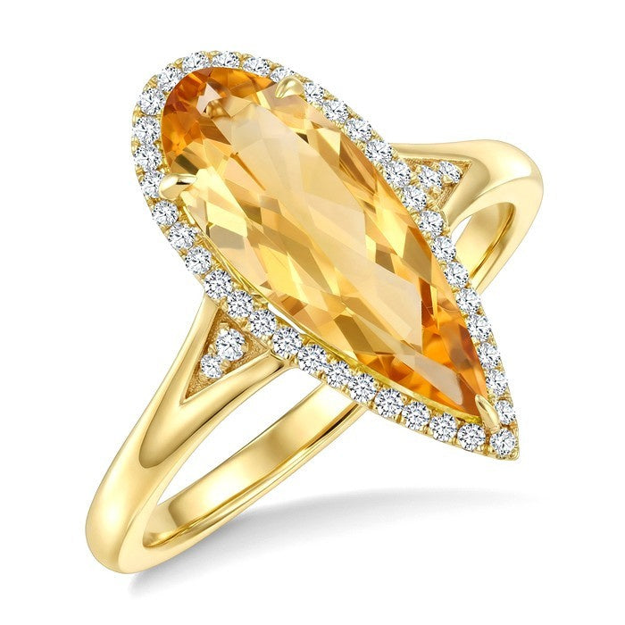 16X6 MM Evoque Gemstone Pear Shape Citrine and 1/6 Ctw Round Cut Diamond Semi-Precious Ring in 10K Yellow Gold