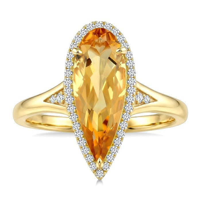 16X6 MM Evoque Gemstone Pear Shape Citrine and 1/6 Ctw Round Cut Diamond Semi-Precious Ring in 10K Yellow Gold