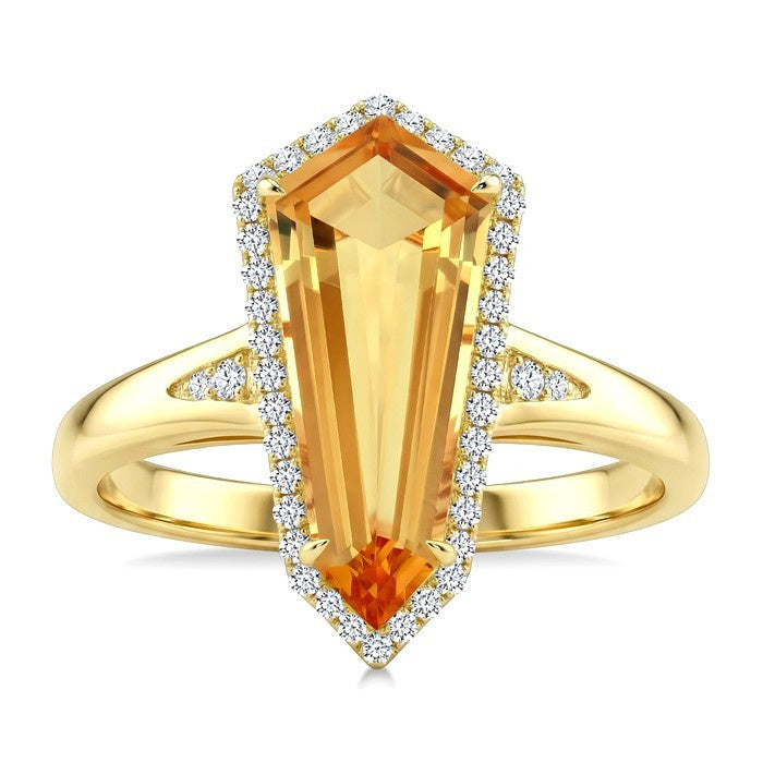 16X7 MM Evoque Gemstone Shield Shape Citrine and 1/6 Ctw Round Cut Diamond Semi-Precious Ring in 10K Yellow Gold