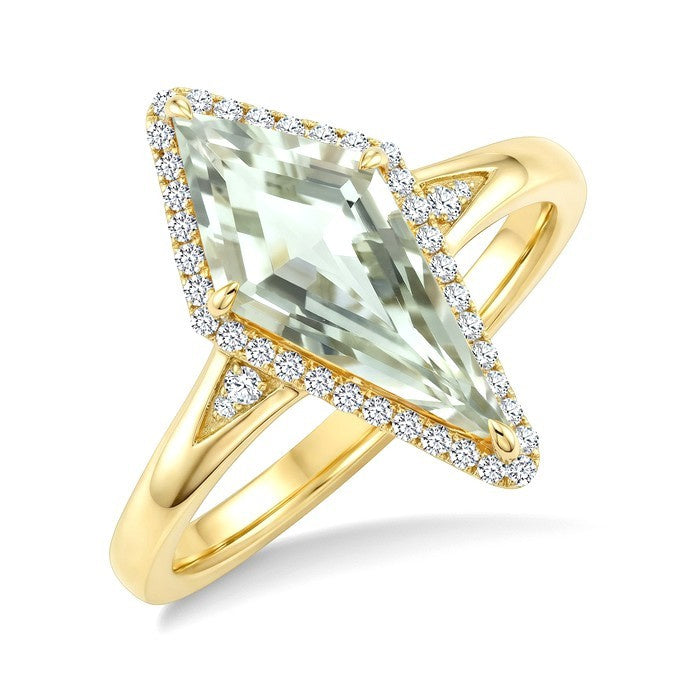 16X7 MM Evoque Gemstone Kite Shape Green Amethyst and 1/6 Ctw Round Cut Diamond Semi-Precious Ring in 10K Yellow Gold