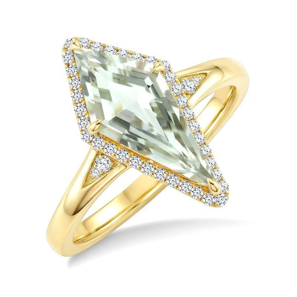 16X7 MM Evoque Gemstone Kite Shape Green Amethyst and 1/6 Ctw Round Cut Diamond Semi-Precious Ring in 10K Yellow Gold