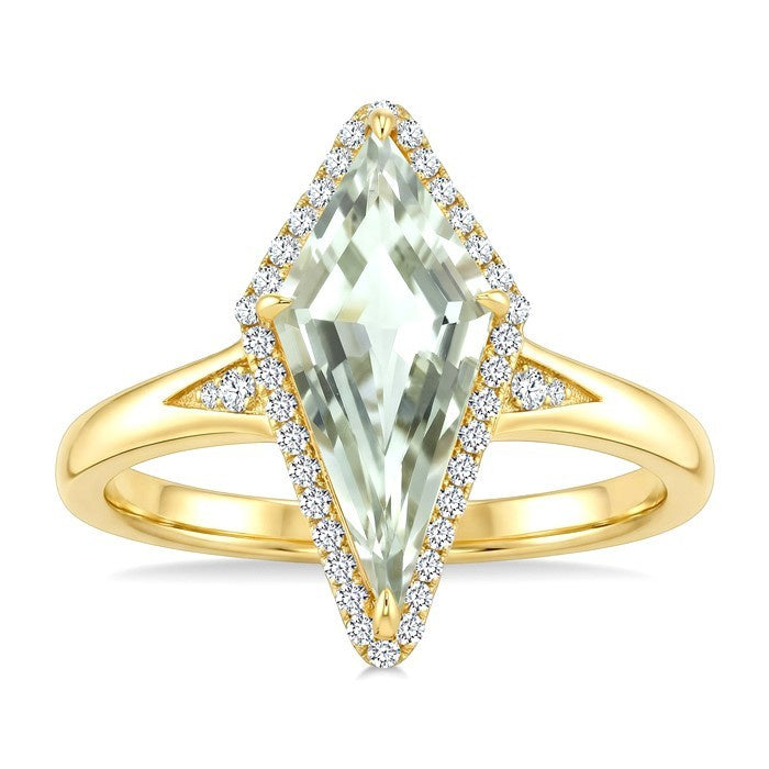 16X7 MM Evoque Gemstone Kite Shape Green Amethyst and 1/6 Ctw Round Cut Diamond Semi-Precious Ring in 10K Yellow Gold