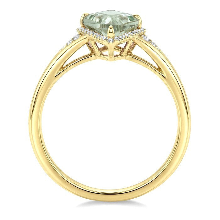 16X7 MM Evoque Gemstone Kite Shape Green Amethyst and 1/6 Ctw Round Cut Diamond Semi-Precious Ring in 10K Yellow Gold