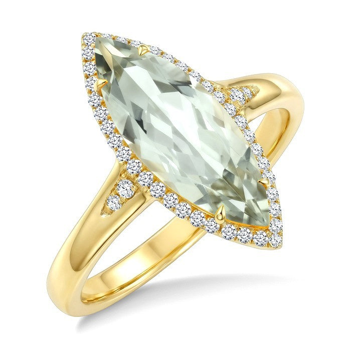 16X7 MM Evoque Gemstone Marquise Shape Green Amethyst and 1/6 Ctw Round Cut Diamond Semi-Precious Ring in 10K Yellow Gold