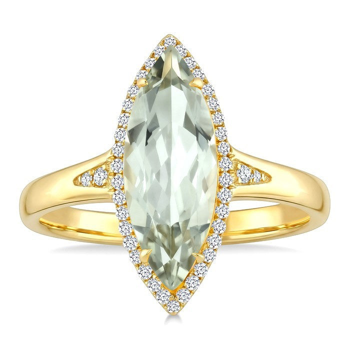 16X7 MM Evoque Gemstone Marquise Shape Green Amethyst and 1/6 Ctw Round Cut Diamond Semi-Precious Ring in 10K Yellow Gold