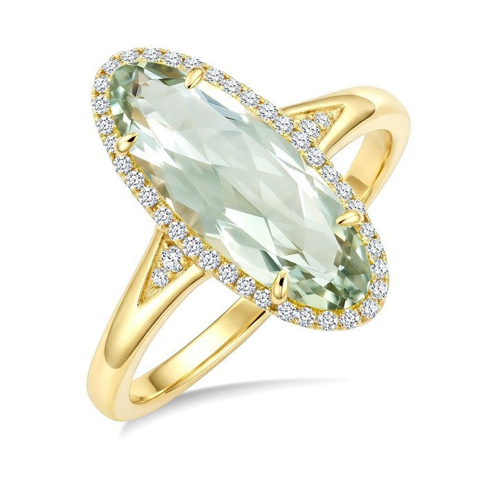 16X6 MM Evoque Gemstone Oval Shape Green Amethyst and 1/6 Ctw Round Cut Diamond Semi-Precious Ring in 10K Yellow Gold