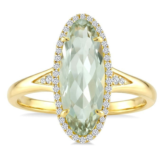 16X6 MM Evoque Gemstone Oval Shape Green Amethyst and 1/6 Ctw Round Cut Diamond Semi-Precious Ring in 10K Yellow Gold