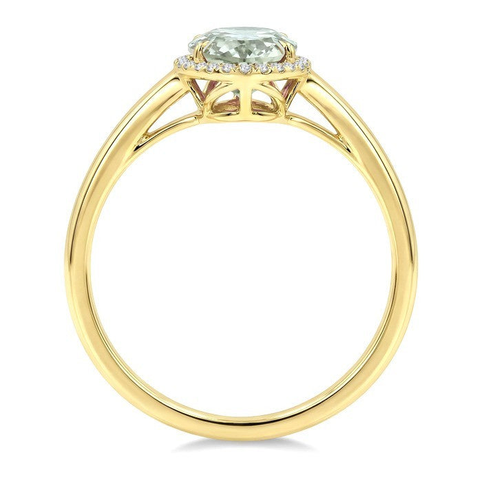 16X6 MM Evoque Gemstone Oval Shape Green Amethyst and 1/6 Ctw Round Cut Diamond Semi-Precious Ring in 10K Yellow Gold