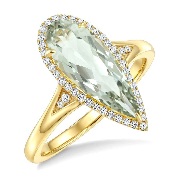 16X6 MM Evoque Gemstone Pear Shape Green Amethyst and 1/6 Ctw Round Cut Diamond Semi-Precious Ring in 10K Yellow Gold