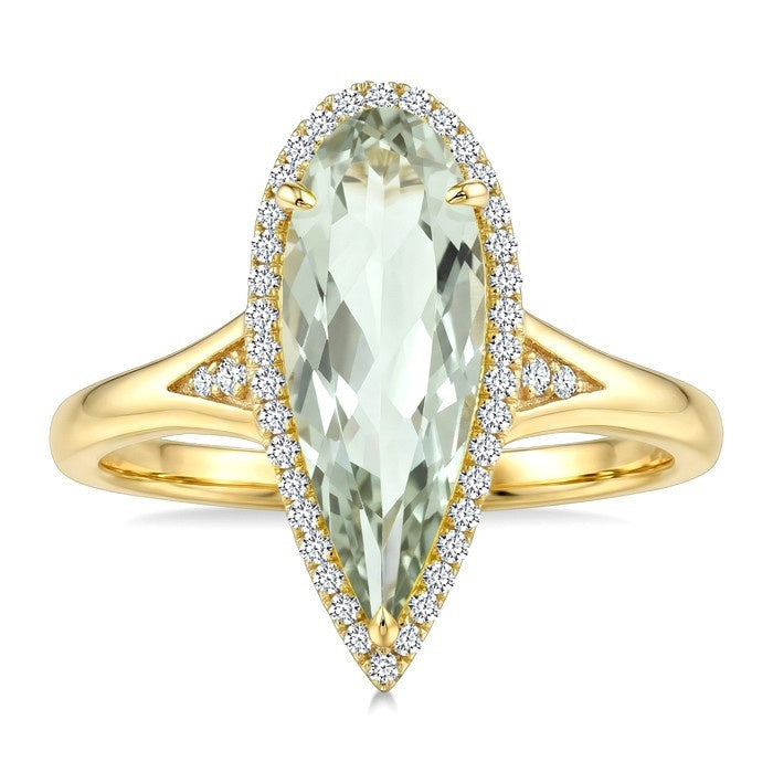 16X6 MM Evoque Gemstone Pear Shape Green Amethyst and 1/6 Ctw Round Cut Diamond Semi-Precious Ring in 10K Yellow Gold