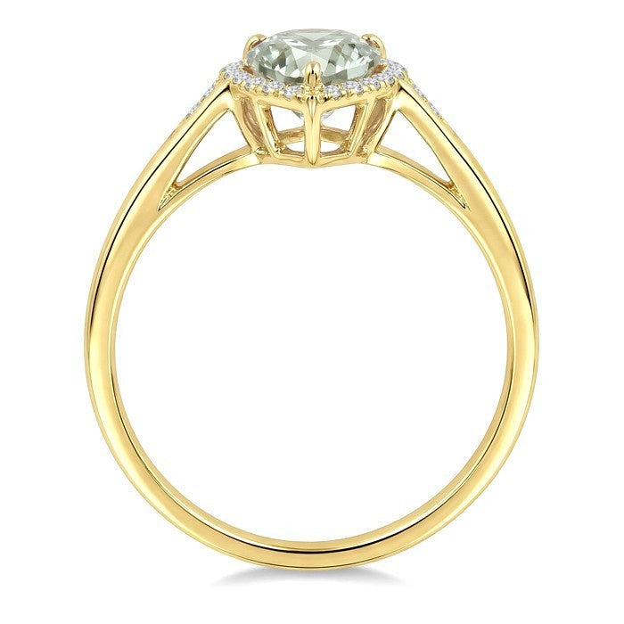 16X6 MM Evoque Gemstone Pear Shape Green Amethyst and 1/6 Ctw Round Cut Diamond Semi-Precious Ring in 10K Yellow Gold