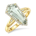 16X7 MM Evoque Gemstone Shield Shape Green Amethyst and 1/6 Ctw Round Cut Diamond Semi-Precious Ring in 10K Yellow Gold