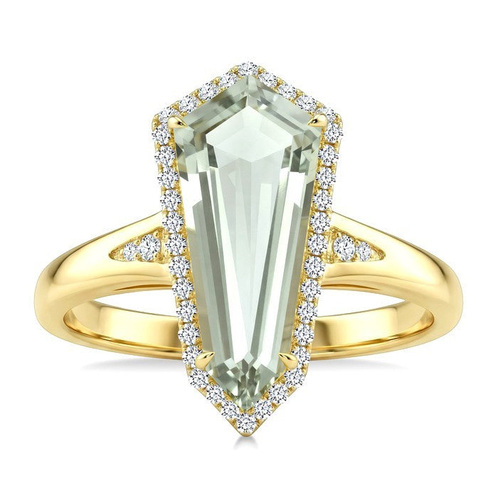 16X7 MM Evoque Gemstone Shield Shape Green Amethyst and 1/6 Ctw Round Cut Diamond Semi-Precious Ring in 10K Yellow Gold