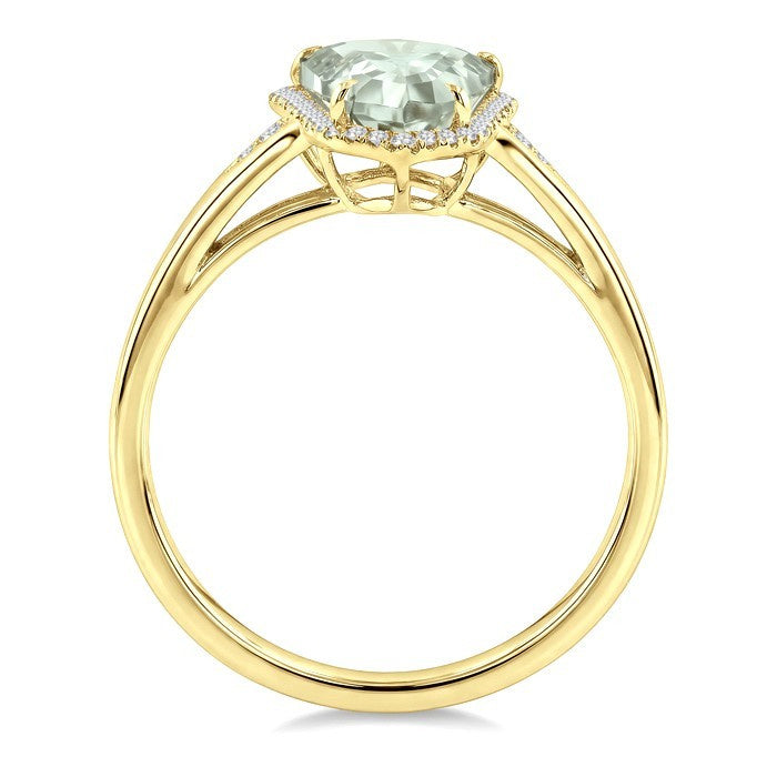 16X7 MM Evoque Gemstone Shield Shape Green Amethyst and 1/6 Ctw Round Cut Diamond Semi-Precious Ring in 10K Yellow Gold