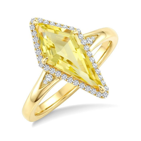 16X7 MM Evoque Gemstones Kite Shape Lemon Quartz and 1/6 Ctw Round Cut Diamond Semi-Precious Ring in 10K Yellow Gold