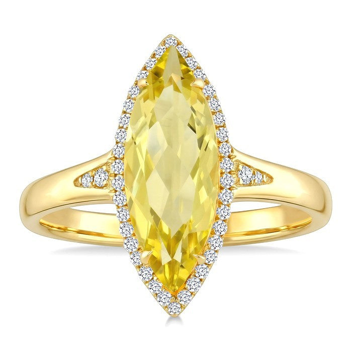 16X7 MM Evoque Gemstones Marquise Shape Lemon Quartz and 1/6 Ctw Round Cut Diamond Semi-Precious Ring in 10K Yellow Gold