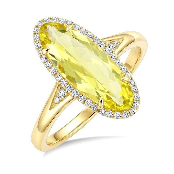 16X6 MM Evoque Gemstones Oval Shape Lemon Quartz and 1/6 Ctw Round Cut Diamond Semi-Precious Ring in 10K Yellow Gold