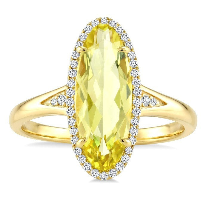 16X6 MM Evoque Gemstones Oval Shape Lemon Quartz and 1/6 Ctw Round Cut Diamond Semi-Precious Ring in 10K Yellow Gold