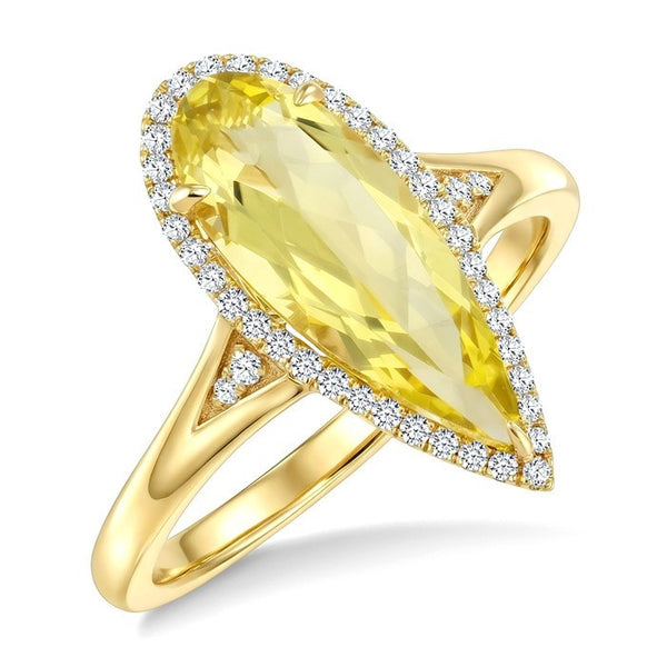 16X6 MM Evoque Gemstones Pear Shape Lemon Quartz and 1/6 Ctw Round Cut Diamond Semi-Precious Ring in 10K Yellow Gold