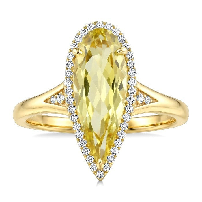 16X6 MM Evoque Gemstones Pear Shape Lemon Quartz and 1/6 Ctw Round Cut Diamond Semi-Precious Ring in 10K Yellow Gold
