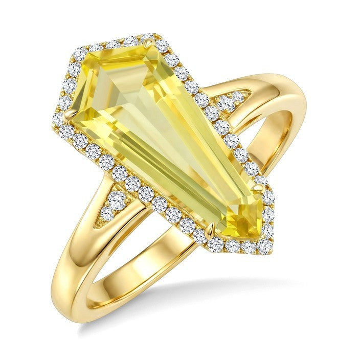 16X7 MM Evoque Gemstones Shield Shape Lemon Quartz and 1/6 Ctw Round Cut Diamond Semi-Precious Ring in 10K Yellow Gold