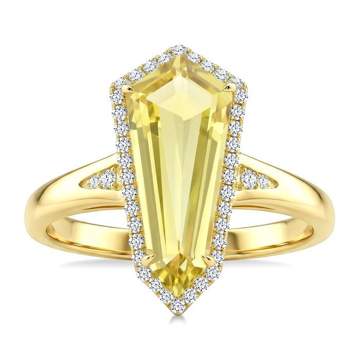 16X7 MM Evoque Gemstones Shield Shape Lemon Quartz and 1/6 Ctw Round Cut Diamond Semi-Precious Ring in 10K Yellow Gold